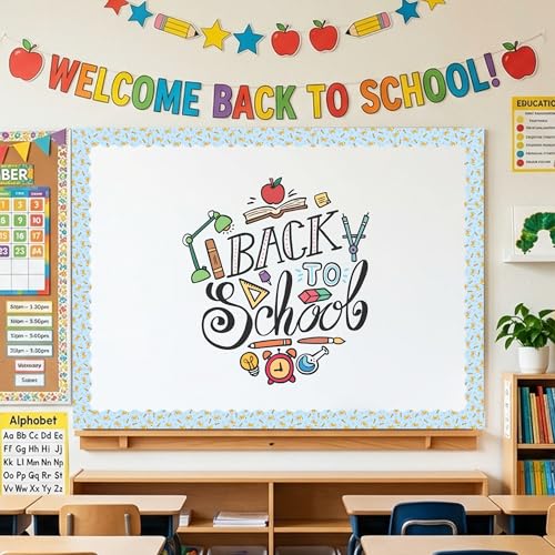 Image of BeYumi Pencil Bow Border Trim - 65ft Back to School Blue Pencil Bow Scalloped Rolled Border Trim Pencils Bowknot Coquette Bulletin Board Set School Classroom Office Chalkboard Party Holiday Wall Decor