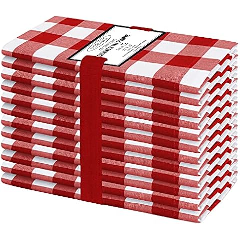 Cotton Clinic 50x50 cm Cloth Napkins Gingham Set of 12, Soft and Comfortable Dinner Napkins Cloth, Washable Cloth Napkins Farmhouse with Mitered Corners - Red White Cover