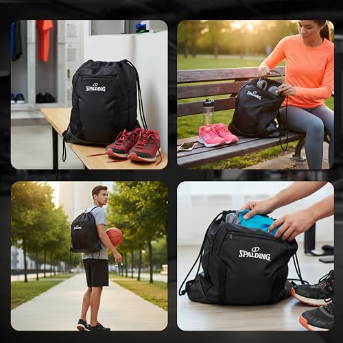 Image of Spalding Basketball Sackpack Drawstring Sports Bag, Large Black Backpack fits Ball and Gym Sports Equipment, Gift for Basketball Players