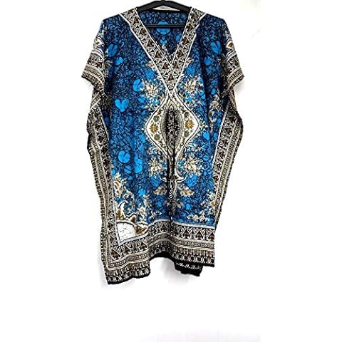 Indian Art Design Short Kaftan Dress Hippy Boho Maxi Plus Size Women Caftan Tunic Dress Night-Gown (Teal Blue) Cover