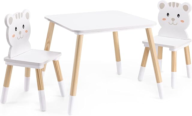 Navaris Kids Wooden Table and Chairs - Children's Wood Desk and 2 Chair Furniture Set for Child Bedroom Play Area Dining Room Study - White Cat Design