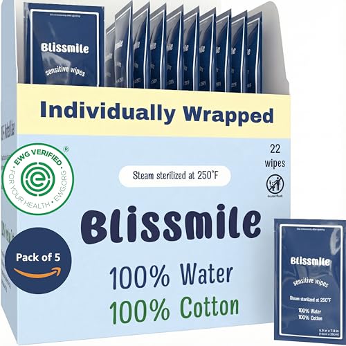 Image of Blissmile 100% Water Wet Wipes Travel Size - Individually Wrapped, Unscented & Fragrance-Free - Gentle for Baby, Women & Sensitive Skin - Face, Hand, Body & Feminine Care - 110 Count