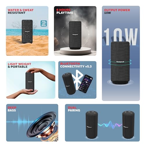 Image of Honeywell Suono P300 10W 5.3 Bluetooth Speaker,9H Playtime, Deep Bass,IPX 4,TWS Feature,Fast Charging,SD Card,USB,AUX,Built-In Mic and 52mm Drivers,2 Years Manufacturer Warranty - Black