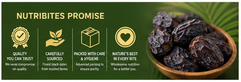 Image of NutriBites Premium Black Dry Dates 1KG | Black Sukha Khajoor | Premium Kala Chuara Khajoor | Used in Mithai, Prasad, and Homemade Sweets | kali kharek dry fruit | Natural Sweetener & Daily Nutrition