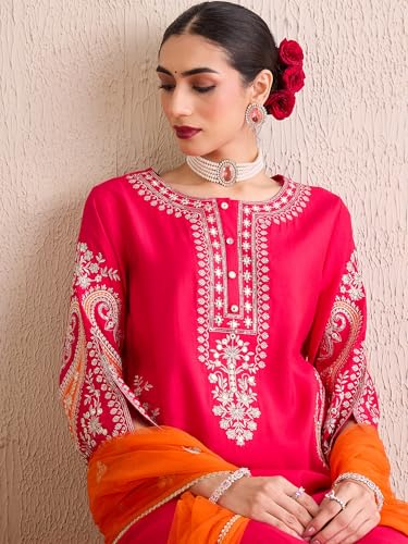 Image of INDO ERA Women's Silk Blend Embroidered Straight Kurta Pant with Dupatta