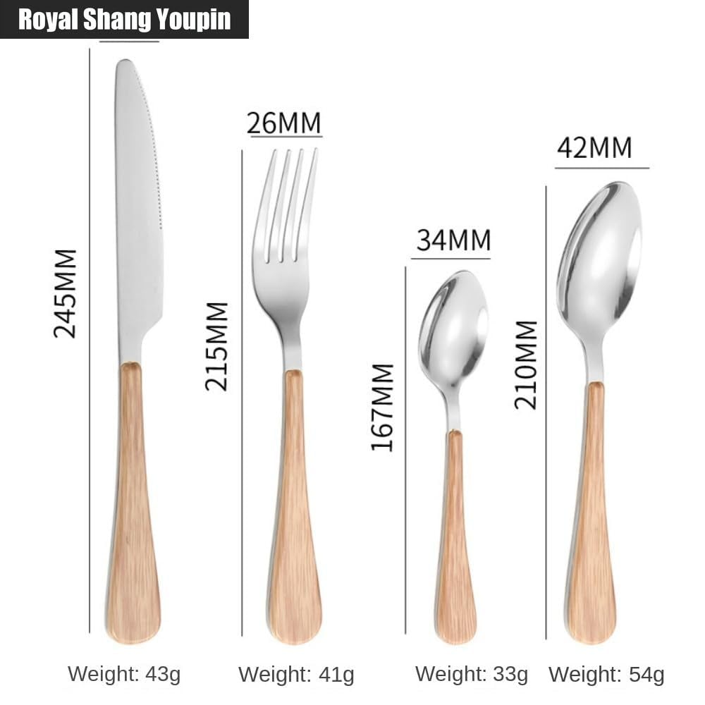 Manico Piatto in Legno Cucina Acciaio Inossidabile Posate Stoviglie Posate Coltelli Forchette Cucchiai Set, Hotel Home Coltello Da Bistecca Cucchiaio Da Dessert (Argento,16 pezzi)