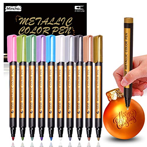 Mincho Metallic Marker Pens, Set of 10 Assorted Colors Paint Pen for Scrapbooking Crafts, DIY Photo Album, Art Rock Painting, Card Making, Metal and Ceramics, Glass - Medium Bullet Tip