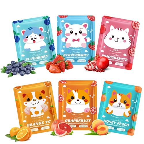 Tuchmasken Gesicht 6 Stück, Natürlich Gesichtsmasken Set für Teenager Mädchen Geschenke, Multifunktions Skincare Geschenkset Frauen, Gesichtsmaske Beauty Set in Party Spa, Feuchtigkeits Face Mask