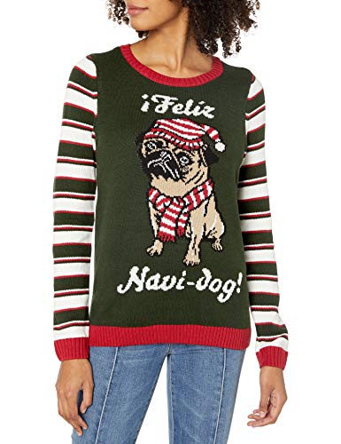 Ugly Christmas Sweater Juniors Feliz Navi-Dog Pug Pullover
