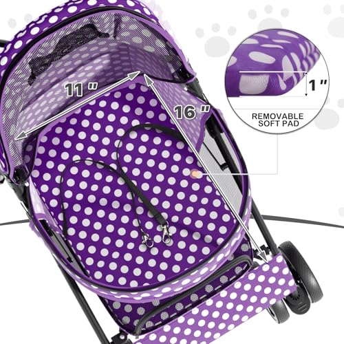 Image of MoNiBloom 4 Wheels Pet Stroller, Easy-Fold Umbrella Shaped Dog Cat Jogger Stroller w /Storage Bag & Visible Mesh for Small /Medium Dogs Cats Purple Polka Dots