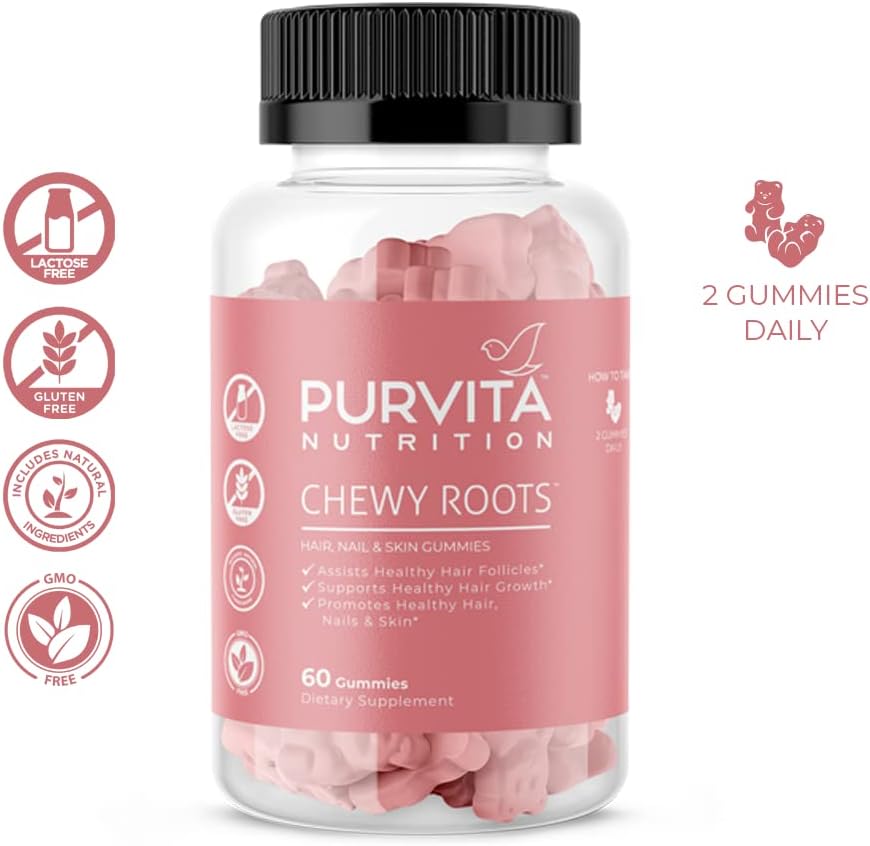 Purvita Nutrition Chewy Roots™ 5,000 mcg Biotin Gummies Supports Hair, Skin & Nails. Contains Vitamin A,C, D, E, B6, B12, B5-60 Count, Made in USA, GMO Free, Gluten Free, 100% Natural