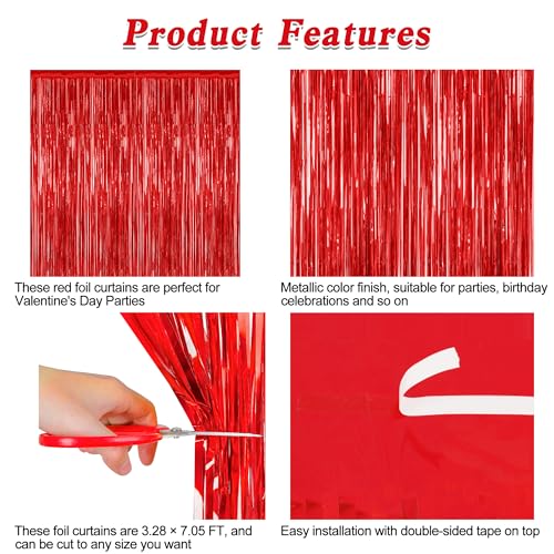 Image of ZATAYE 8 Pack Red Valentines Christmas Foil Curtain Streamer Decorations | Red, Metallic Foil, 3.28 x 7.05 FT, Tinsel Backdrop, Foil Curtain Streamer, Valentines Christmas Party