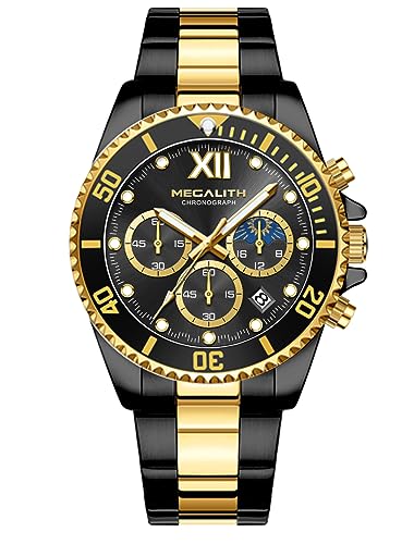 MEGALITH Mens Watch 43mm Chronograph Quartz Watches for Men Stainless Steel Designer Moon Phase Mens Wrist Watches Waterproof Luminous Watch with Date, Gifts for Men - Black Gold