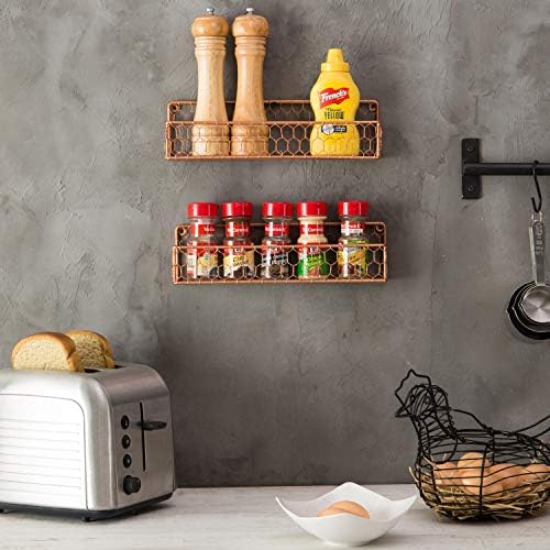 MyGift Wall Mounted Copper Metal Chicken Wire Spice Rack, 12 Inch Kitchen Seasoning Jar and Condiment Organizer Shelf, Set of 2
