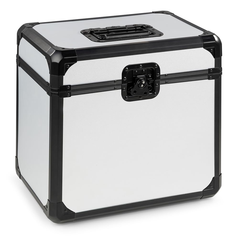 Vonyx RC82 Maleta para vinilos LP de 12 Pulgadas con Capacidad para 70 Discos de Vinilo, Interior Acolchado, Flight Case con Tapa extraíble, Cierres Mariposa, asa, Color Plateado