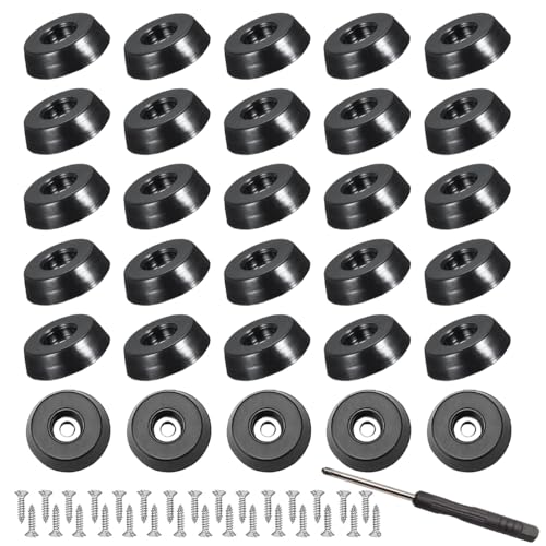 RXKFIGX Pack of 30 Black Rubber Non-Slip Feet with Screws, Round Shape, 25 x 23 x 9 mm, Shock Absorption