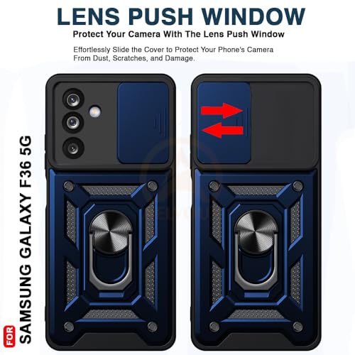Image of Armor Bumper Back Cover Case for Samsung Galaxy M36 5G / F36 5G | Rotating Camera Cover, Ring Holder & Kickstand | Heavy Duty & 360 Degree Protection Back Cover (Blue)