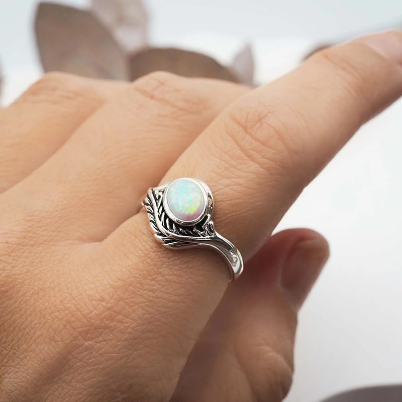 925 Sterling Silver Branch and Leaf Female Ring with Geometric Pattern Inlaid with Imitation Shiny Opal Ring CZ Wedding Engagement Universal Ring Jewelry-Making-Patterns Size 7