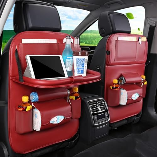 2 Pack Car Back seat Organizer with Foldable Table Tray, PU Leather Car Back seat Organizer for Babies for Toys Storage with Foldable Dining Table Holder Pocket with Touch Screen Tablet Holder (Red)