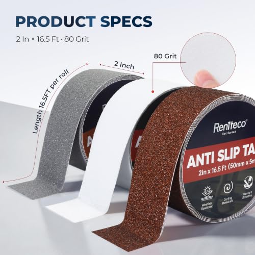 Image of Reniteco Anti Slip Tape 3PC, 2 inch x 16.5Ft Heavy Duty Grip Tape, High Adhesion & Waterproof, No Residue, for Outdoor Stairs, Tile, Shower, Bathtub - Extra Grip Safety Tape (Grey, Clear, Coffee)