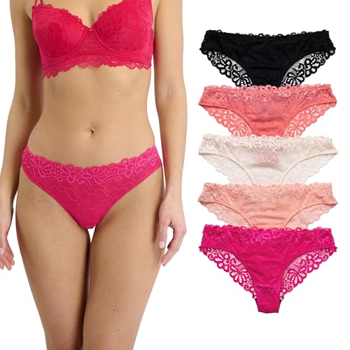 Marilyn Monroe Women's Floral Lace Tanga Panties, Sexy Cheeky Underwear for Women, 5-Pack (US, Alpha, Large, Regular, Regular, Hypnotic Pink/Splash Coral/Vanilla/Preppy Coral/Black)