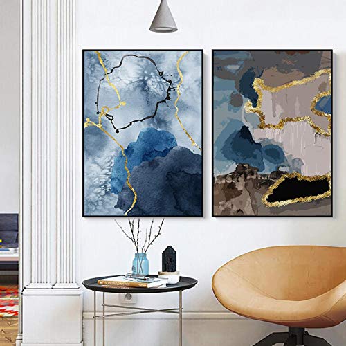 Toile contemporaine marbre bleu or KEBIA de décoration murale salon moderne