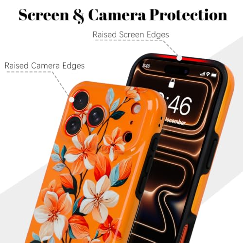 Image of Magnetic for iPhone 17 Pro Max Case for Women Girl, Orange Floral | Stylish Flower Pattern Design [Compatible with MagSafe] [Full Camera Protection] 2-Layer Hybrid Shockproof Glossy Phone Case