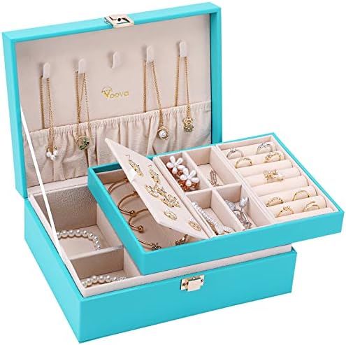 Voova Jewellery Box Organiser for Women Girls, 2 Layers Large Jewelry Storage Case, PU Leather jewlerrying Display Holder with Removable Tray for Necklace Earrings Rings Bracelets, Pink