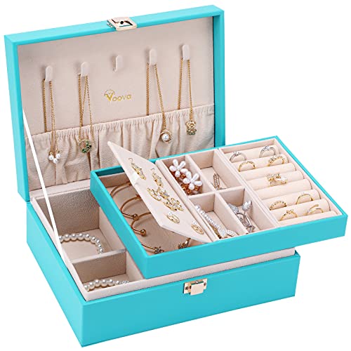 Voova Jewelry Box Organizer for Women Girls, 2 Layer Large Men Jewelry Storage Case, PU Leather Display Jewellery Holder with Removable Tray for Necklace Earrings Rings Bracelets, Gift, Teal/Lake Blue by Voova - Used condition - US$17.68