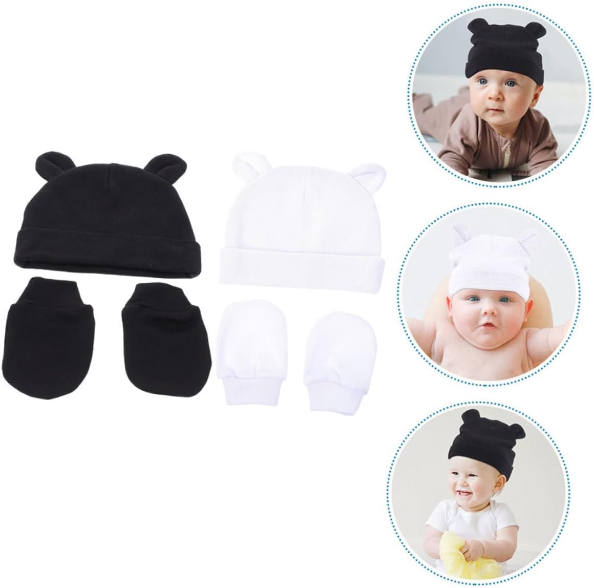 2sets Newborn Cotton Beanie and Scratch Mittens Set Winter Hat and Gloves for Boys and Girls Soft Material Fit White and Black