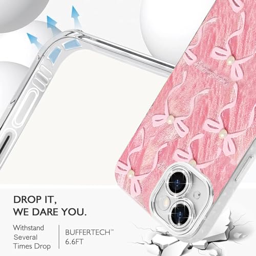 Image of VONZEE Compatible with iPhone 15 6.1'' Case Luxury Pink Girly Cute 3D Bow Pearl Glitter Bling Case with Full Camera Protection Shockproof Case PC+TPU Glossy Shiny Cover for Girls Women, Pink
