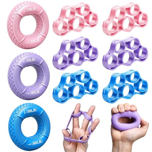 TEAWOO 9P Hand Grip Strength Trainer Kit Finger Exerciser Forearm Stretcher for Strength Training Recovery Flexibility 3 Colors
