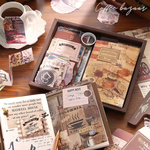 Image of VIBE VISTA Vintage Aesthetic Scrapbook Kit, 346 Pcs, A6 Grid Notebook, Washi , Envelopes, Folding Labels, Background Papers, Photo Frames, Calendar Stickers (Coffee Bazaar, Coffee)