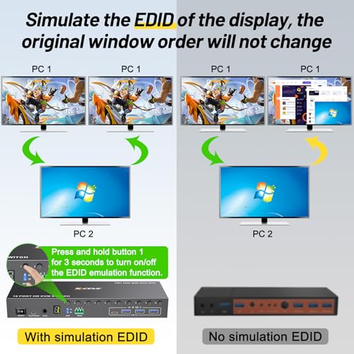 Image of 10 Port HDMI KVM Switch 4K@60Hz EDID Simulation, USB 3.0 KVM Switch HDMI for 10 Computers Share 1 Monitor and 4 USB Devices, KVM Switches with Audio RS232 Wired Remote 12V Power and USB Cable