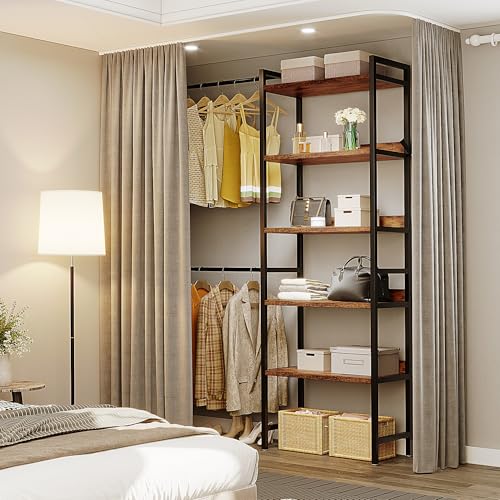 DWVO Closet Organizer System for Bedroom, Adjustable Heavy Duty Garment Rack Walk In Closet System, 4 Expandable Hanger Rods 5-Tier Wood Closet Storage Shelves with Backplane, Fits 6-9 ft Space, Black