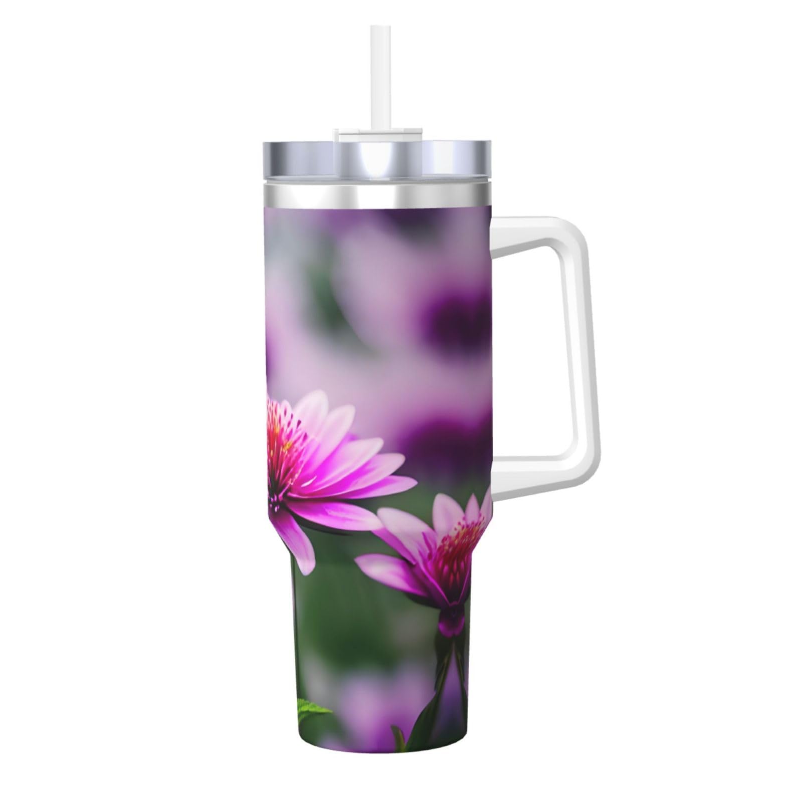 Trinkflasche aus Edelstahl, doppelwandig, isoliert, mit Griff und Strohhalm-Deckel, 1,2 l, Pink Flower Purple Butterfly 1