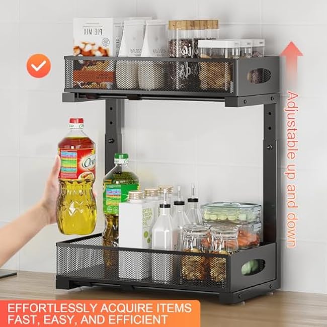 Under Sink Organizer, 2-Tier Put Out Cabinet Organizer, Adjustable Rust Proof Under Sink Organizers and Storage, Kitchen Undersink Organizers for Kitchen, Bathroom, Cabinet, Counter, 2 Pack, Black