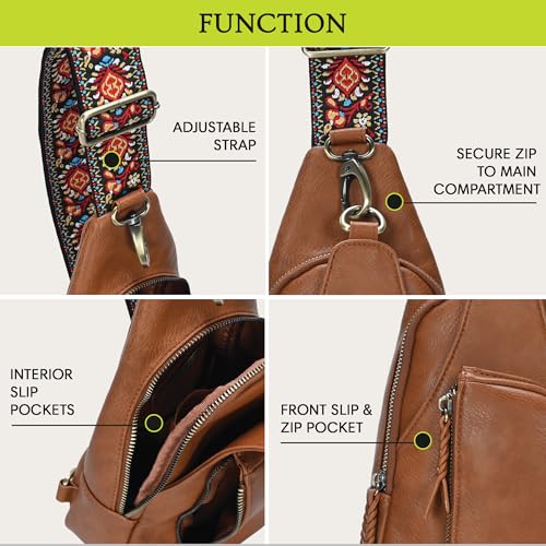 Antik Kraft Tasha Webbing Strap Sling (Tan) | Vegan Leather Crossbody Bag for Women with 16-20" Strap | Sling Bags for Women with Durable Antique Brass Hardware | 7in x 2.5in x 12.5in |3