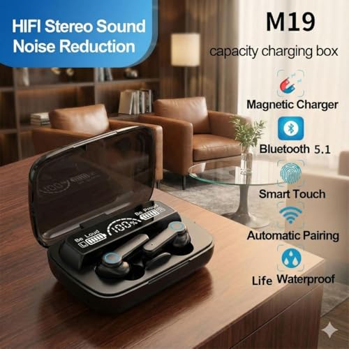Image of M19 TWS Earbuds with LED Battery Display & Built-in Torch | 30H Playtime, Fast Charging, Bluetooth 5.1, ENC, Deep Bass, IPX7 Waterproof