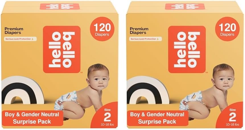 Hello Bello Diapers, Size 2 (10-16 lbs) Surprise Pack for Boys - 120 Count of Premium Disposable Baby Diapers, Hypoallergenic with Soft, Cloth-Like Feel - Assorted Boy & Gender Neutral Patterns 160002