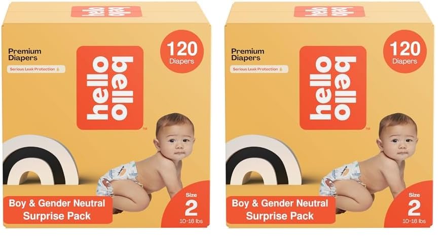 Image of Hello Bello Diapers, Size 2 (10-16 lbs) Surprise Pack for Boys - 120 Count of Premium Disposable Baby Diapers, Hypoallergenic with Soft, Cloth-Like Feel - Assorted Boy & Gender Neutral Patterns 160002