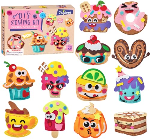 Image of Toylink DIY Sewing Kit for Kids Ages 4-12, 12 Dessert Felt Craft Kit with Pre-Punched Holes, Blunt Plastic Needles, Cotton Stuffing - First Sewing Kit STEM Learning Toys for Girls Boys Birthday Gift
