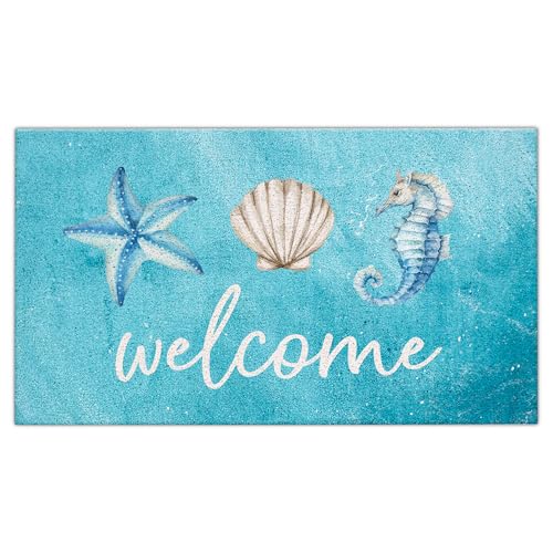 Jvpke Blue Beach Welcome Mat for Front Door, Beach Door Mat, Starfish Seashell Seahorse Beachy Door Mats Indoor Outdoor Entrance Porch, Ocean Beachy Baths Mats for Bathroom, 17x30 Inches