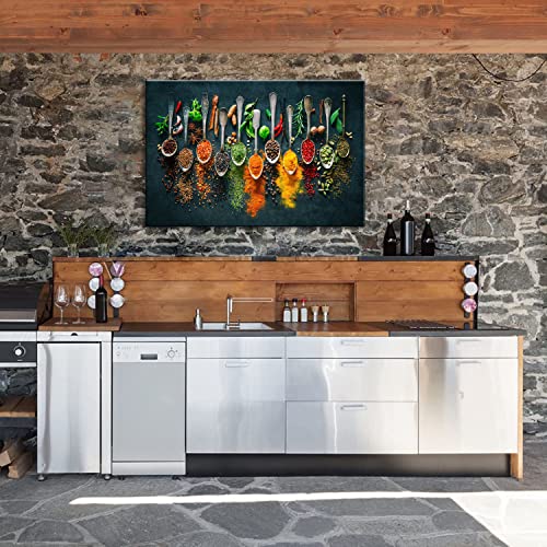 Image of Framed Large Kitchen Wall art Pictures Decor Couful Spice in Spoon Vintage Canvas Wall Art Food Photos Painting On Canvas Home Decoration Gift Ready to Hang 24x36inch