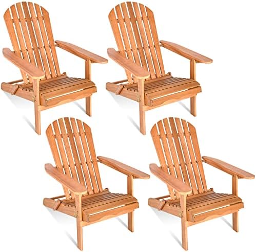 Giantex Wooden Adirondack Chair Set of 4 Outdoor Lounger Chair, Folding Adirondack Chairs 400 lbs Weight Capacity for Patio, Garden, Deck, Porch, Lawn, Oversized Backyard Seating Fire Pit Chairs