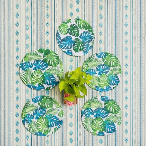 Image of Jute Cotton Round Table Mats Set of 6 - Dining Table mat 6 Pieces Waterproof, Elegant and Durable for Dining Table (Green Leaf)