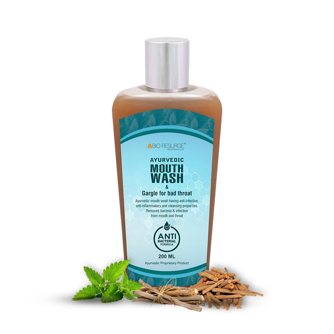 Bio Resurge Ayurvedic Mouthwash for Removing Bacteria, Viruses, and Other Infections from the Throat and Mouth | Protects the Oral Cavity | Complete Protection | Alcohol-Free All-in-One Mouthwash for Strong Teeth & Lasting Freshness | Total Oral Care | Daily Use for Men, Women & Kids