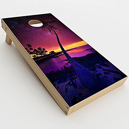 Skin Decals Vinyl Wrap for Cornhole Game Board Bag Toss (2xpcs.) / Palm Tree Stars and Sunset Purple
