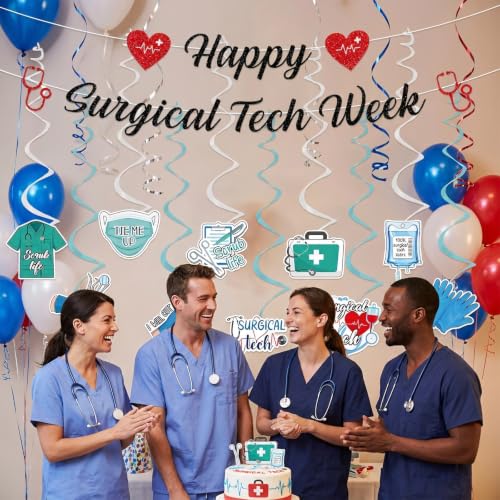Image of 12PCS Happy Surgical Tech Week Banner Hanging Swirls Decorations | surgical tech week decor set, 2 banners 10 hanging swirls, theme, easy hanging, medical appreciation party supplies