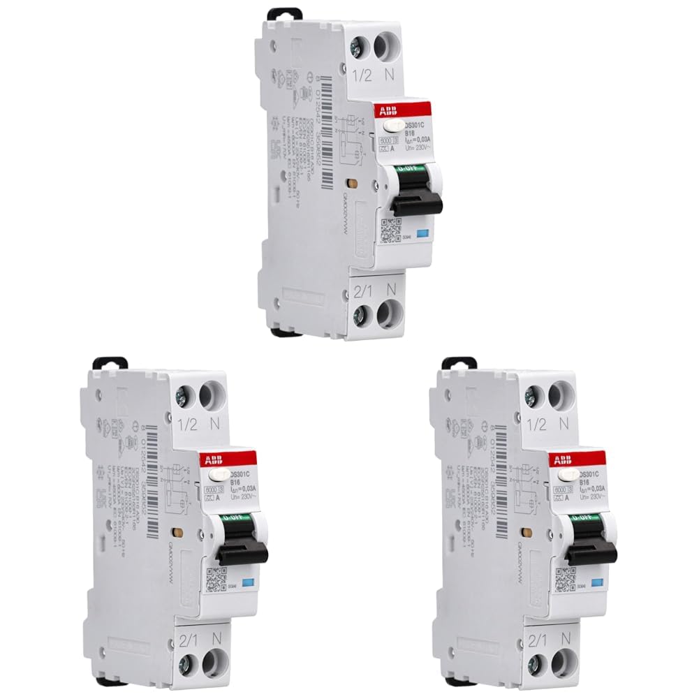 ABB DS301C B16 A30 RCBO – FI/LS-Schalter 16 A, 30 mA, 6 kA, B-Charakteristik, Typ A, 1P+N, 1 Teilungseinheit, Kombischalter für Hutschiene 2CSR255163R1165 (Packung mit 3)